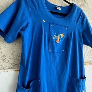 Boho Hummingbird Embroidered Pocket Maxi Dress Blue Cotton Cottagecore Size M‎